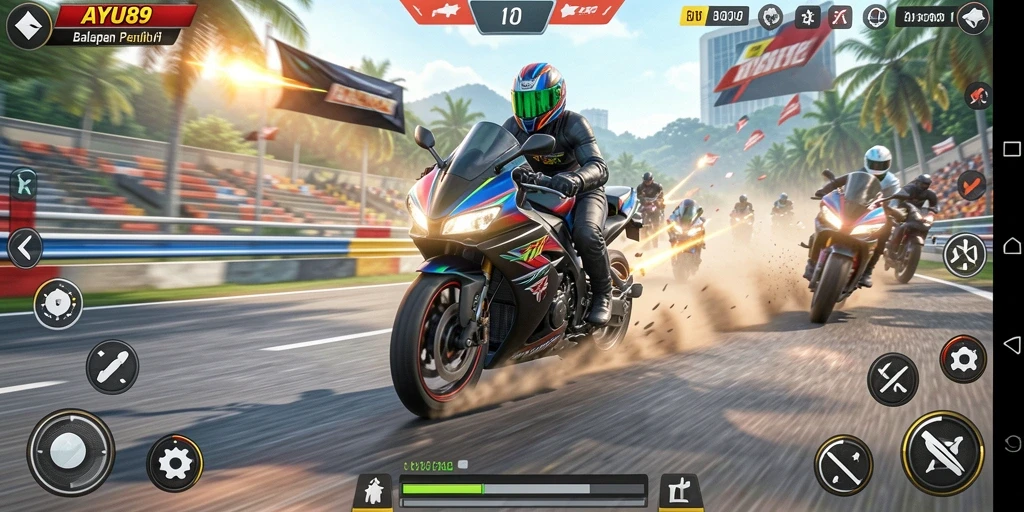 Tampilan gameplay balapan motor yang menarik dan seru.