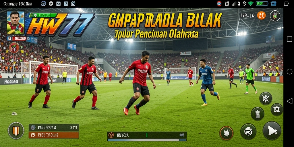 Tampilan gameplay seru dari HW777 dengan atmosfer pertandingan sepak bola.