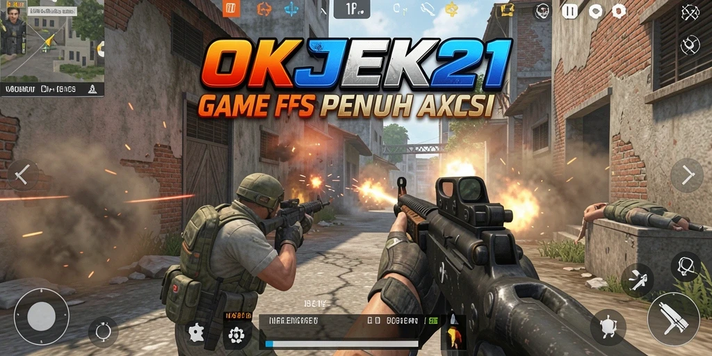 Tampilan gameplay menegangkan dari OKJEK21 di medan tempur FPS.