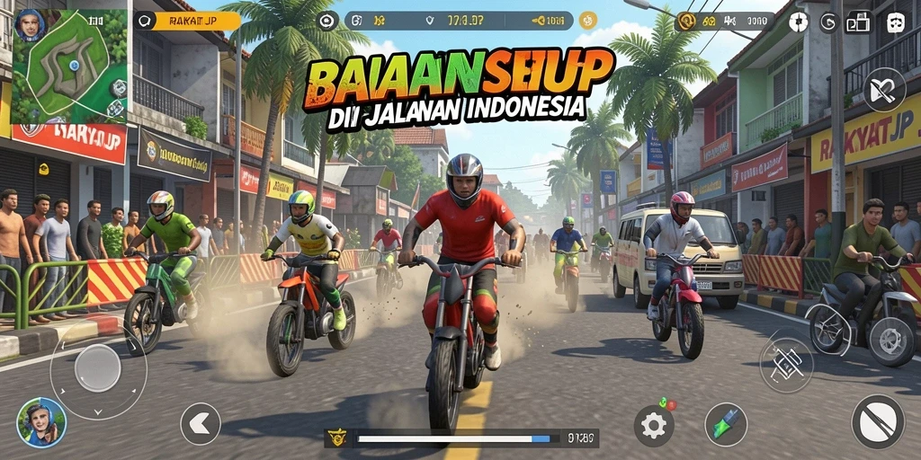 Gameplay RAKYATJP dengan mobil balap di lintasan menantang.